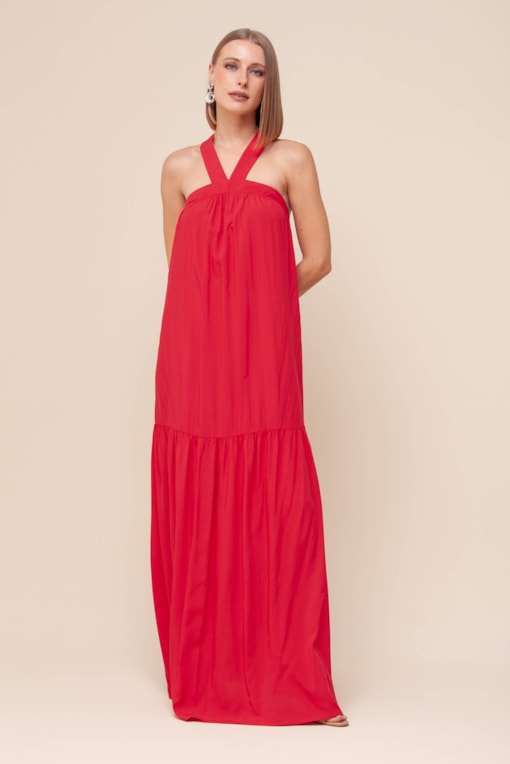 Vestido Longo Decote Cruzado  Vermelho