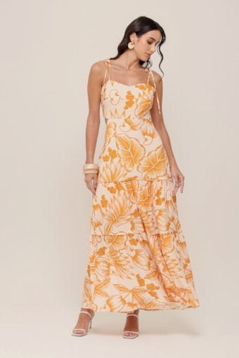 Vestido Longo Estampa Cajueiro Tropical Areia