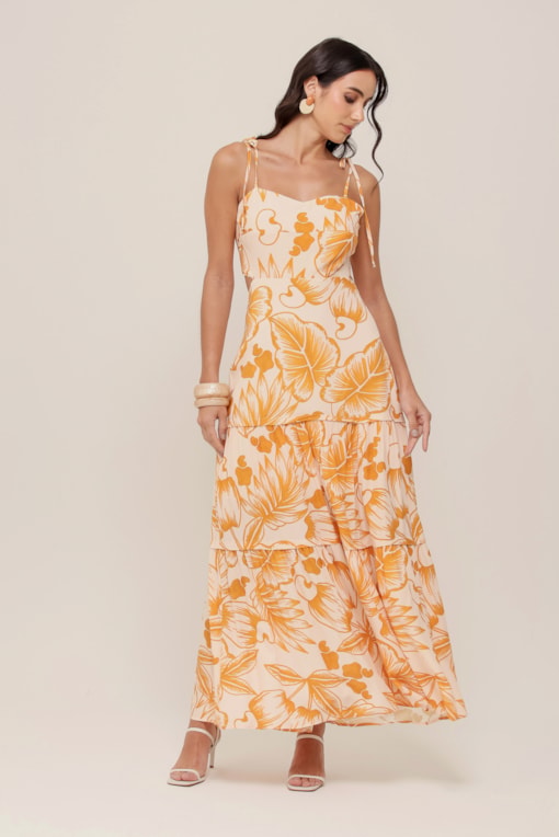 Vestido Longo Estampa Cajueiro Tropical Areia