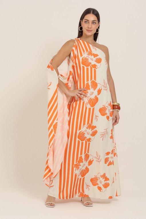 Vestido Longo Estampado Caminhos Florais Laranja