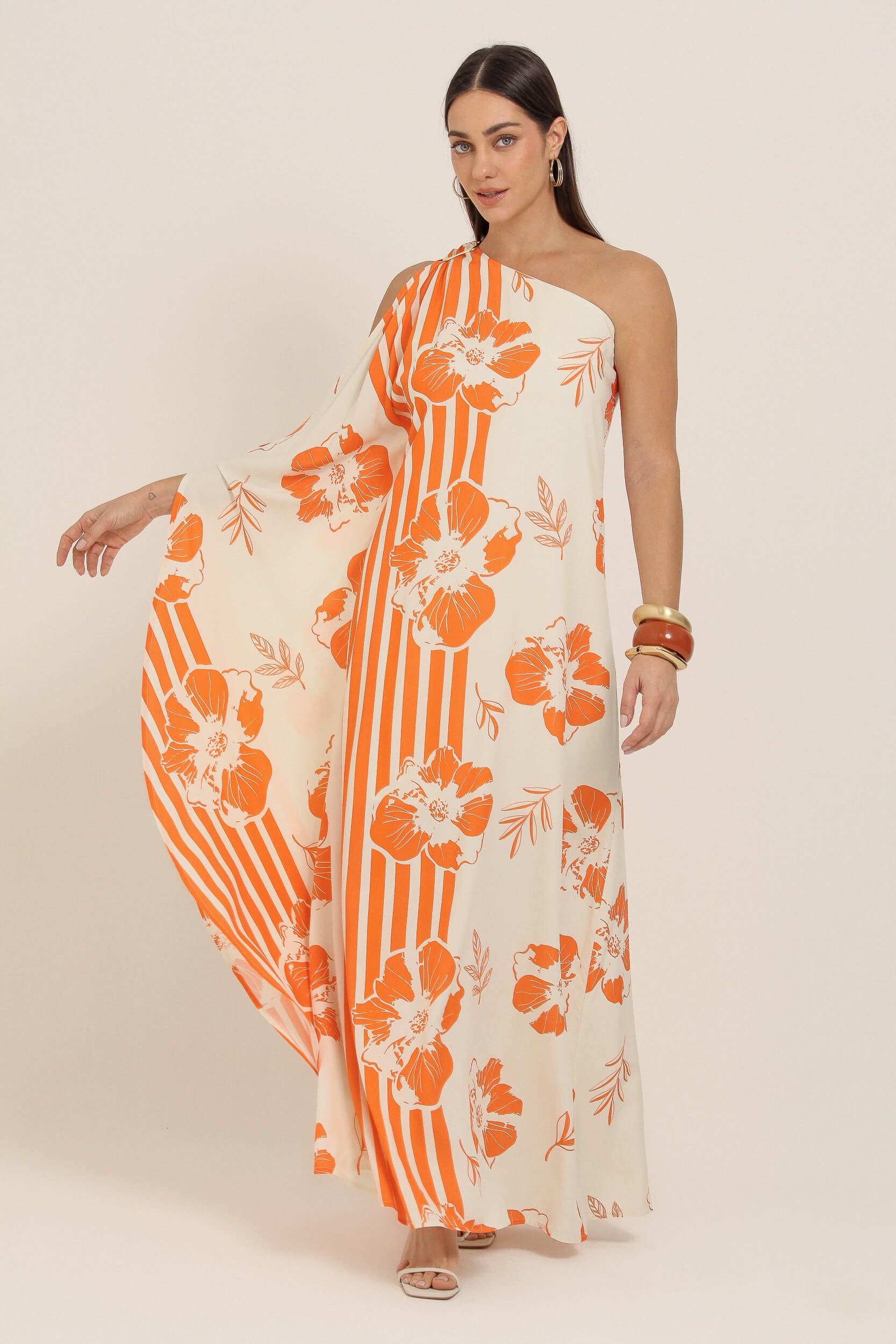Vestido Longo Estampado Caminhos Florais Laranja