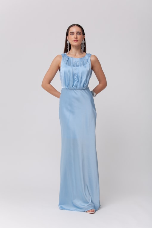 Vestido Longo Festa Acetinado Degage	 Azul