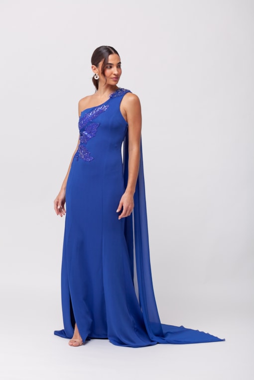 Vestido Longo Festa Chiffon e Bordado de Miçangas Azul