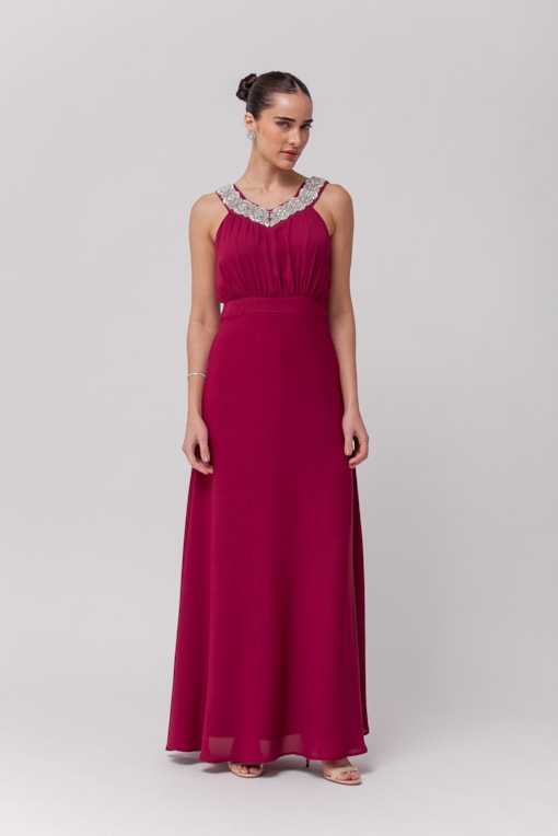 Vestido Longo Festa com Gola Brilhante  Vinho