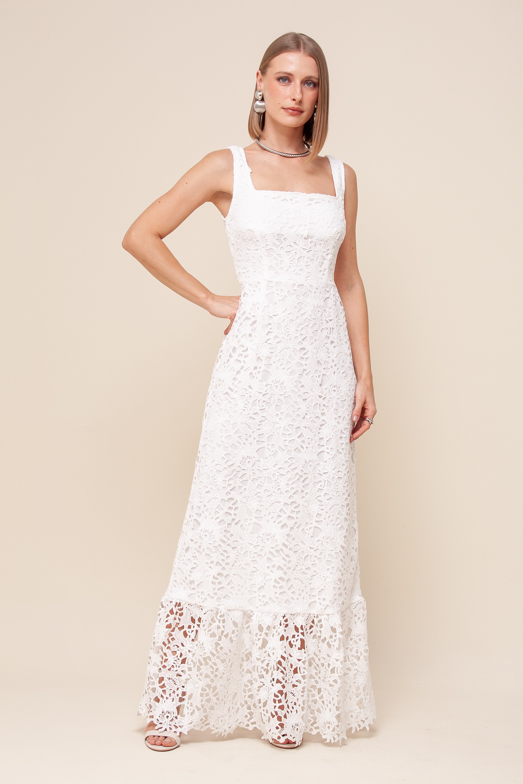 Vestido Longo Guipir Decote Quadrado Branco