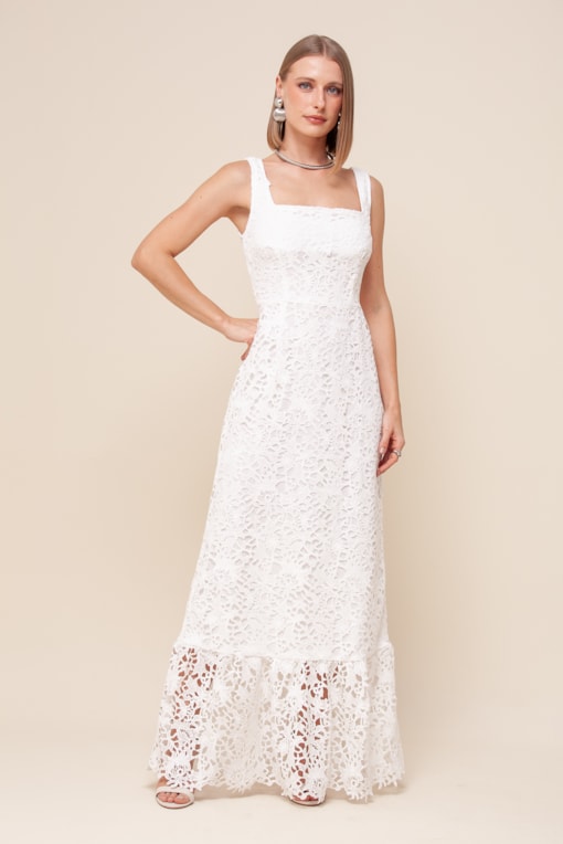 Vestido Longo Guipir Decote Quadrado Branco