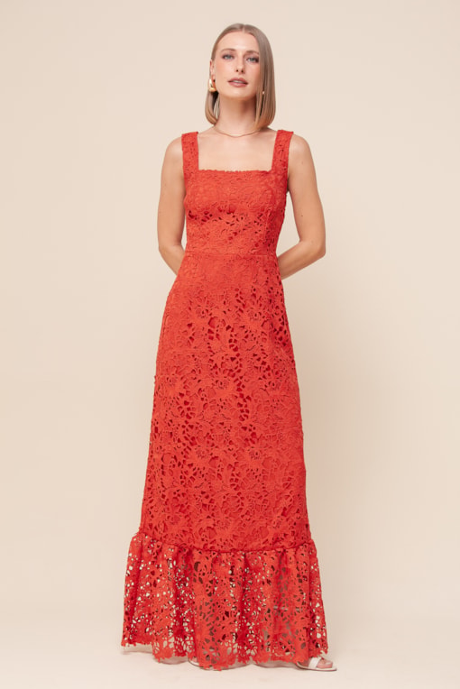 Vestido Longo Guipir Decote Quadrado Ferrugem