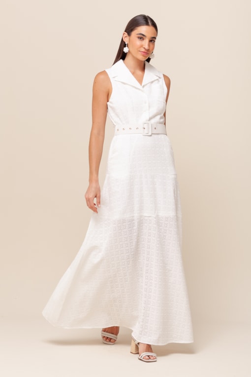 Vestido Longo Laise com Cinto Branco