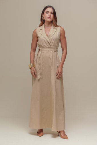 Vestido Longo Linho Amarração  Bege