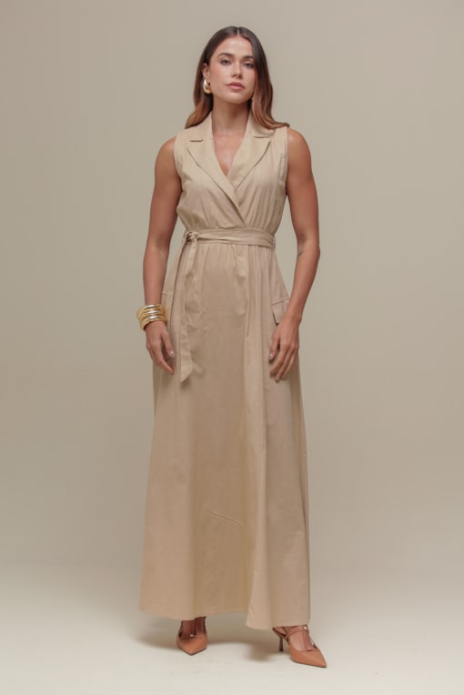 Vestido Longo Linho Amarração  Bege