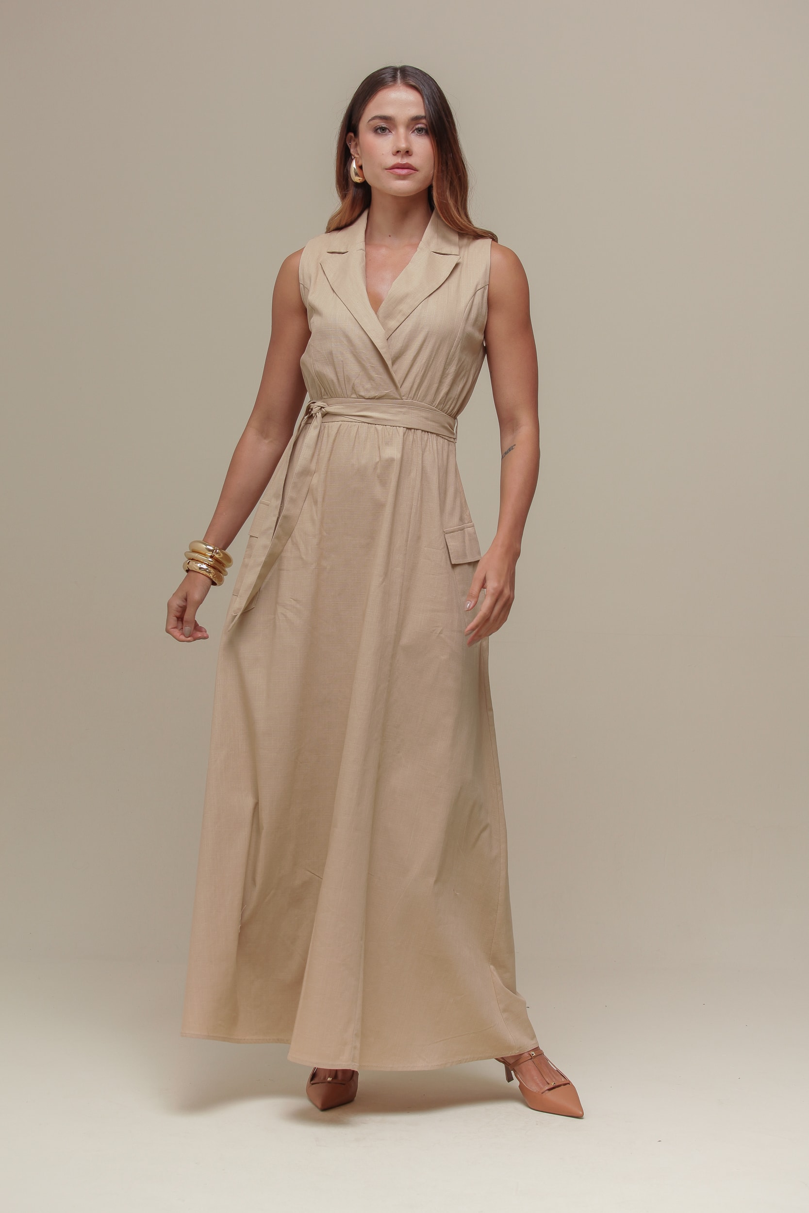 Vestido Longo Linho Amarração  Bege