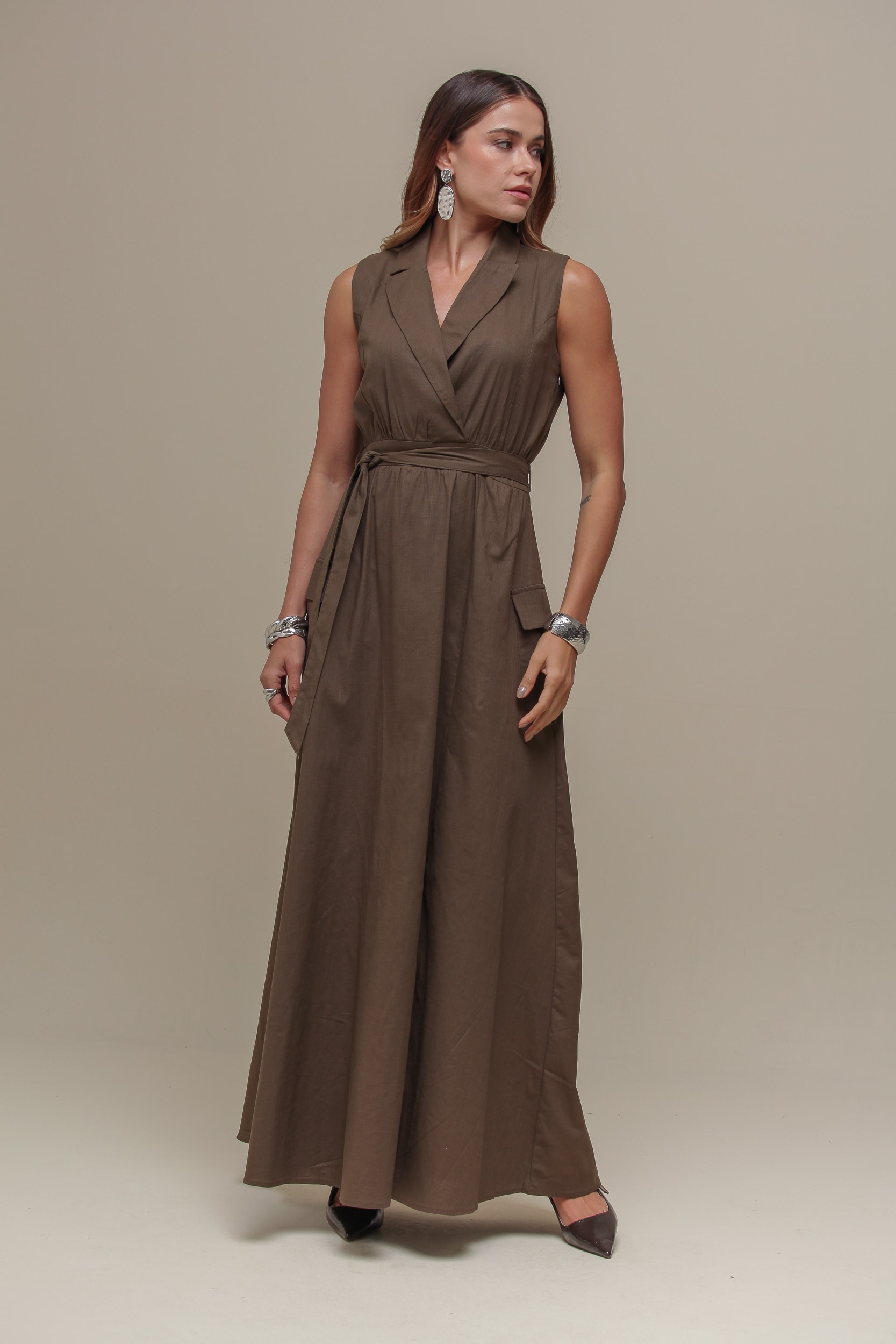 Vestido Longo Linho Amarração  Verde militar