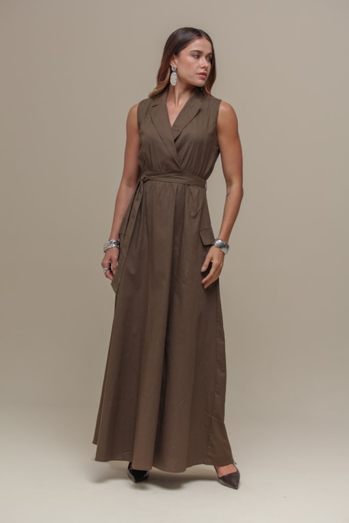 Vestido Longo Linho Amarração  Verde militar