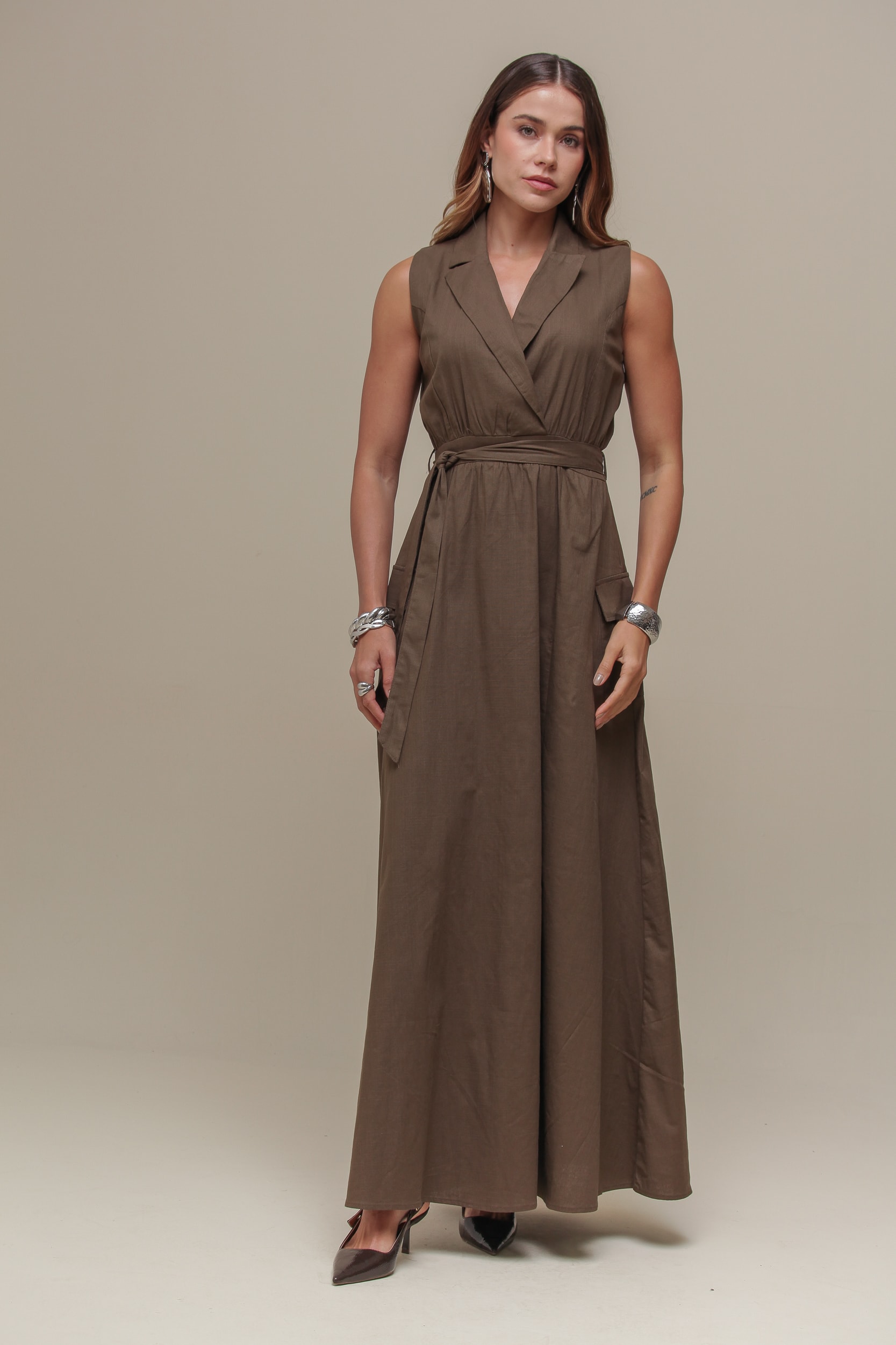 Vestido Longo Linho Amarração  Verde militar