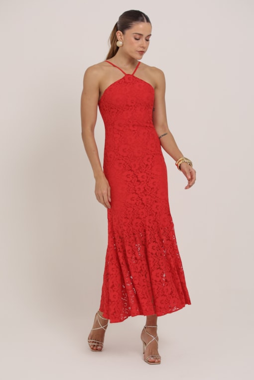 Vestido Longo Renda Com Cava Americana Vermelho