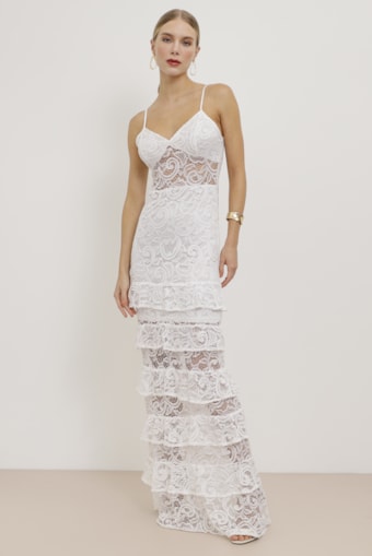 Vestido Longo Renda Saia Camadas Off-white