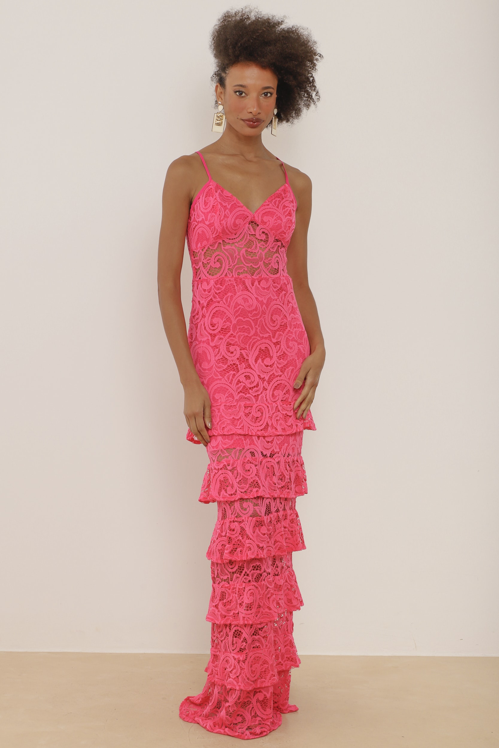 Vestido Longo Renda Saia Camadas Pink