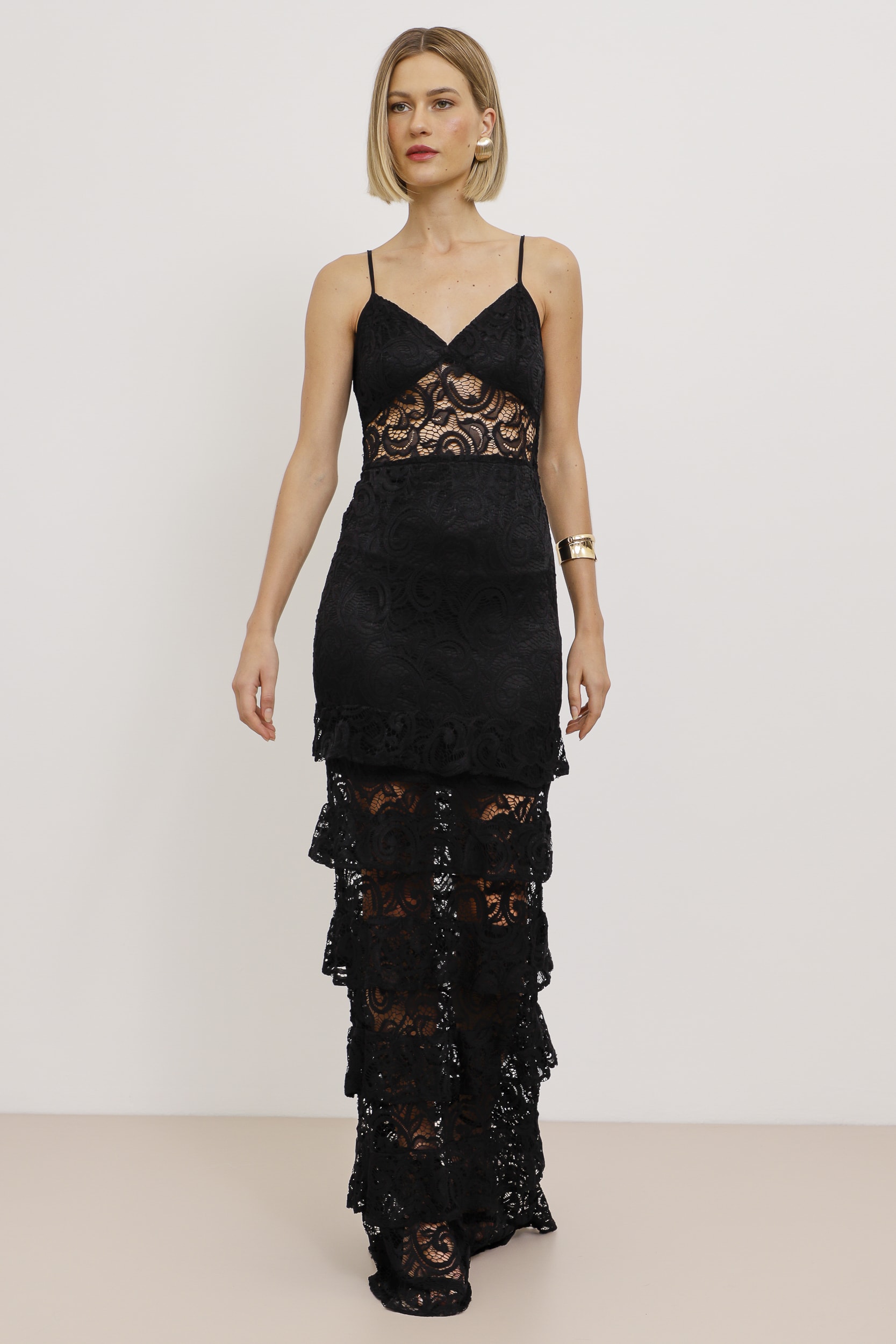 Vestido Longo Renda Saia Camadas Preto