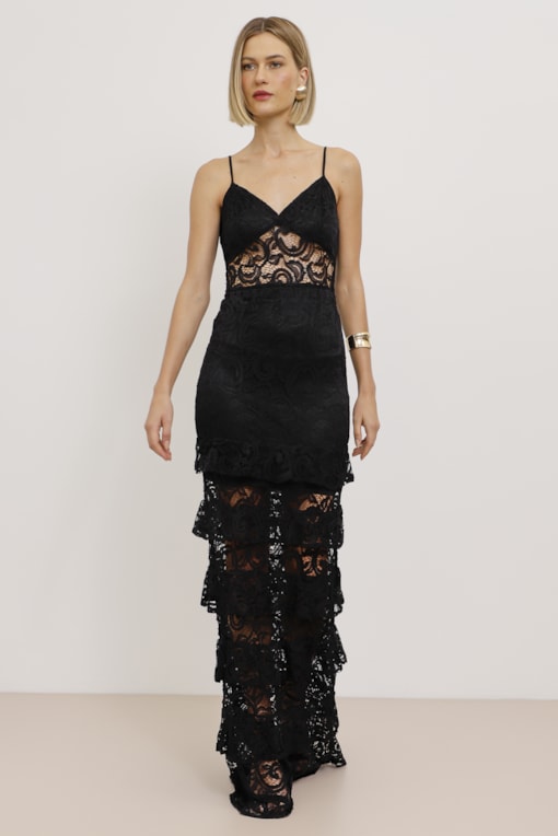 Vestido Longo Renda Saia Camadas Preto