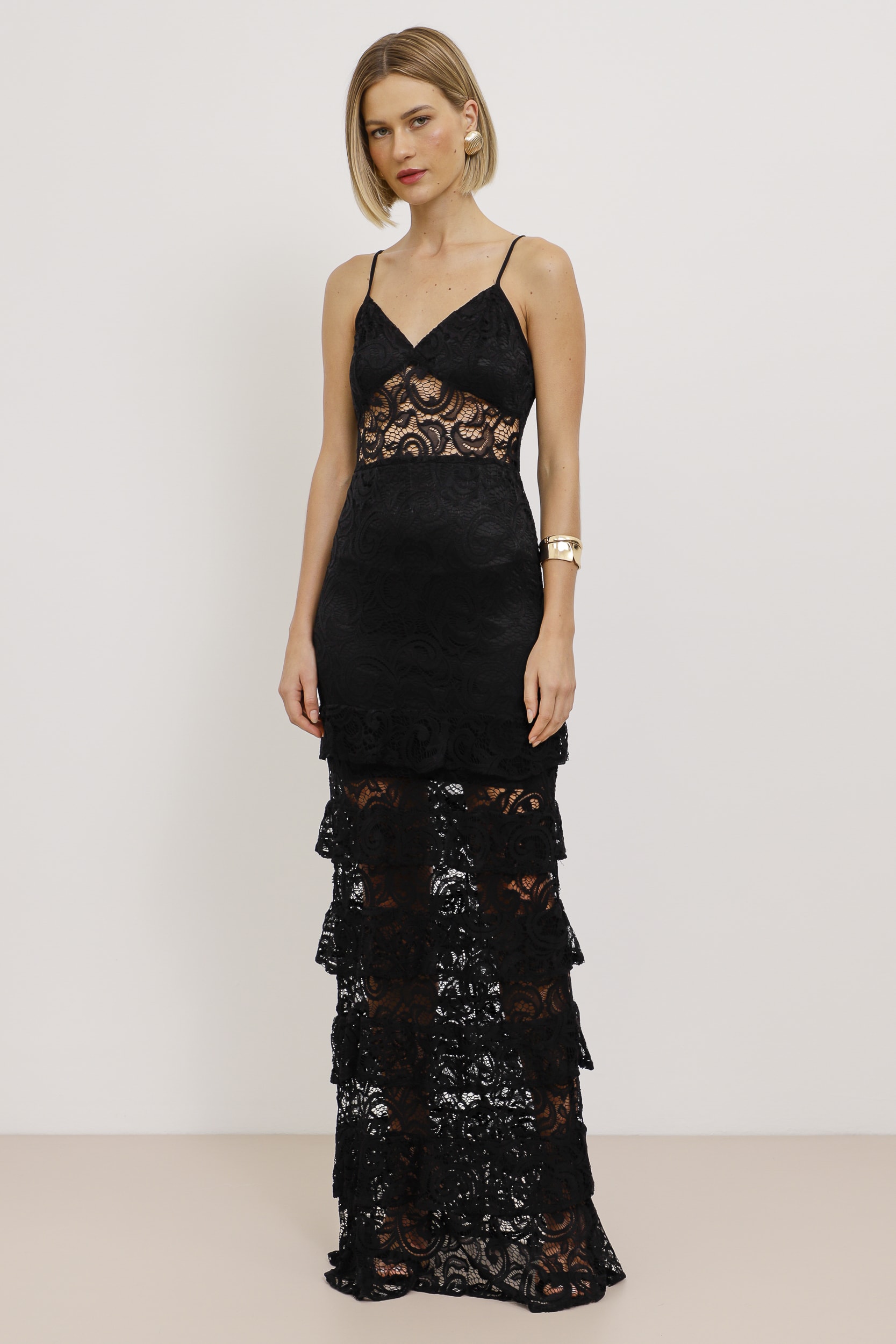 Vestido Longo Renda Saia Camadas Preto