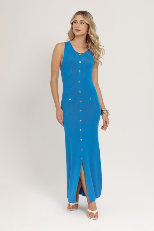 Vestido Longo Tricot Botões  Azul