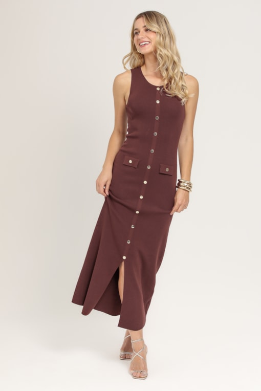Vestido Longo Tricot Botões  Café