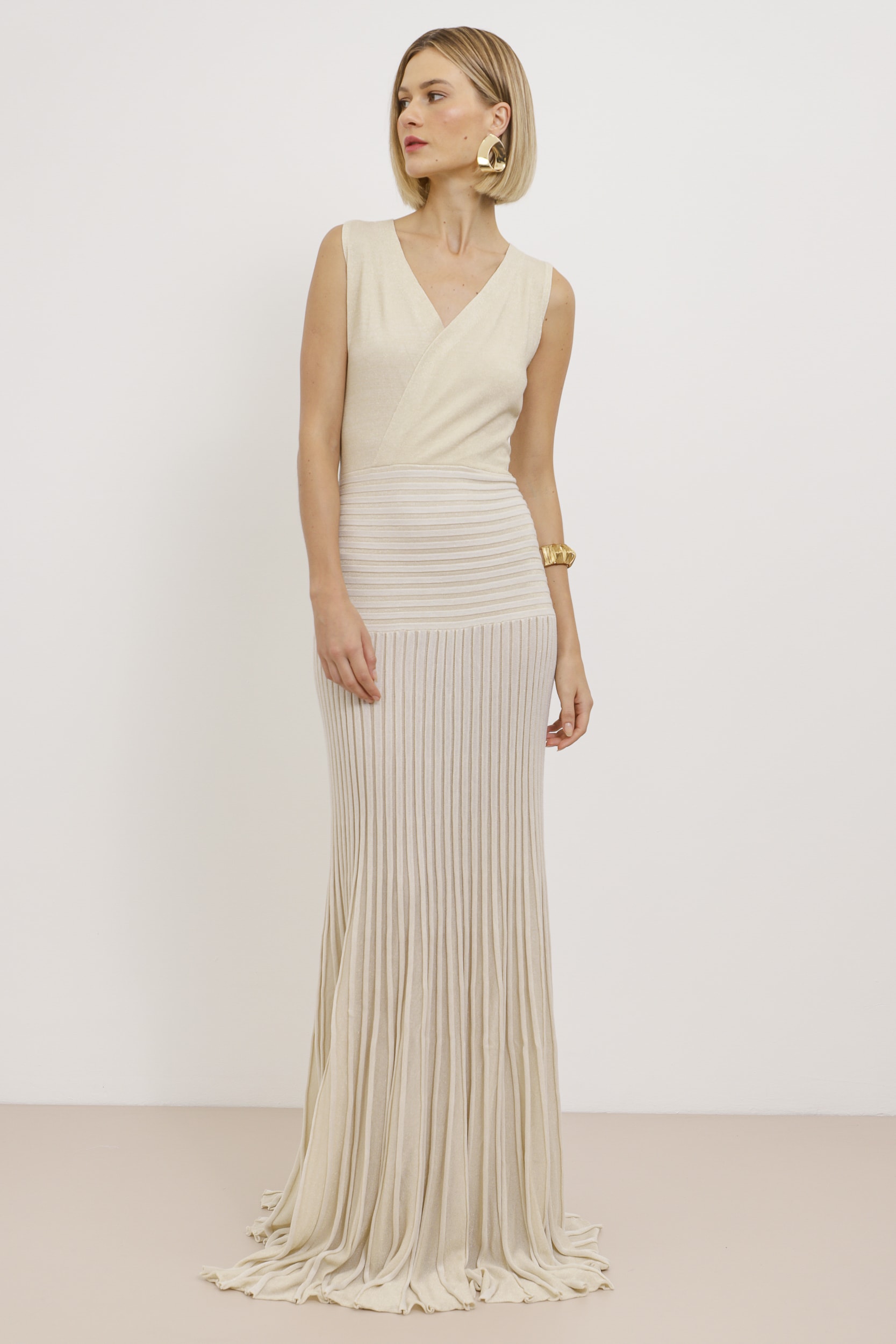 Vestido Longo Tricot Saia Plissada  Off-white