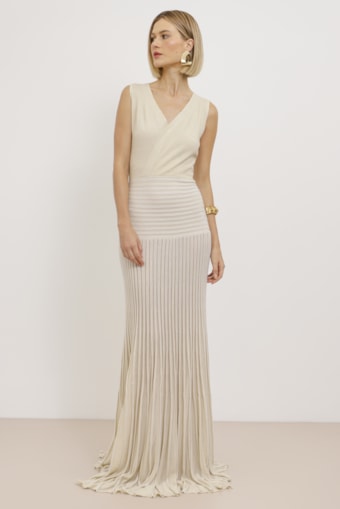 Vestido Longo Tricot Saia Plissada  Off-white