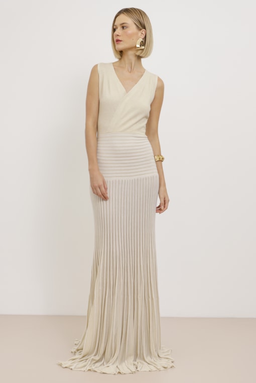 Vestido Longo Tricot Saia Plissada  Off-white