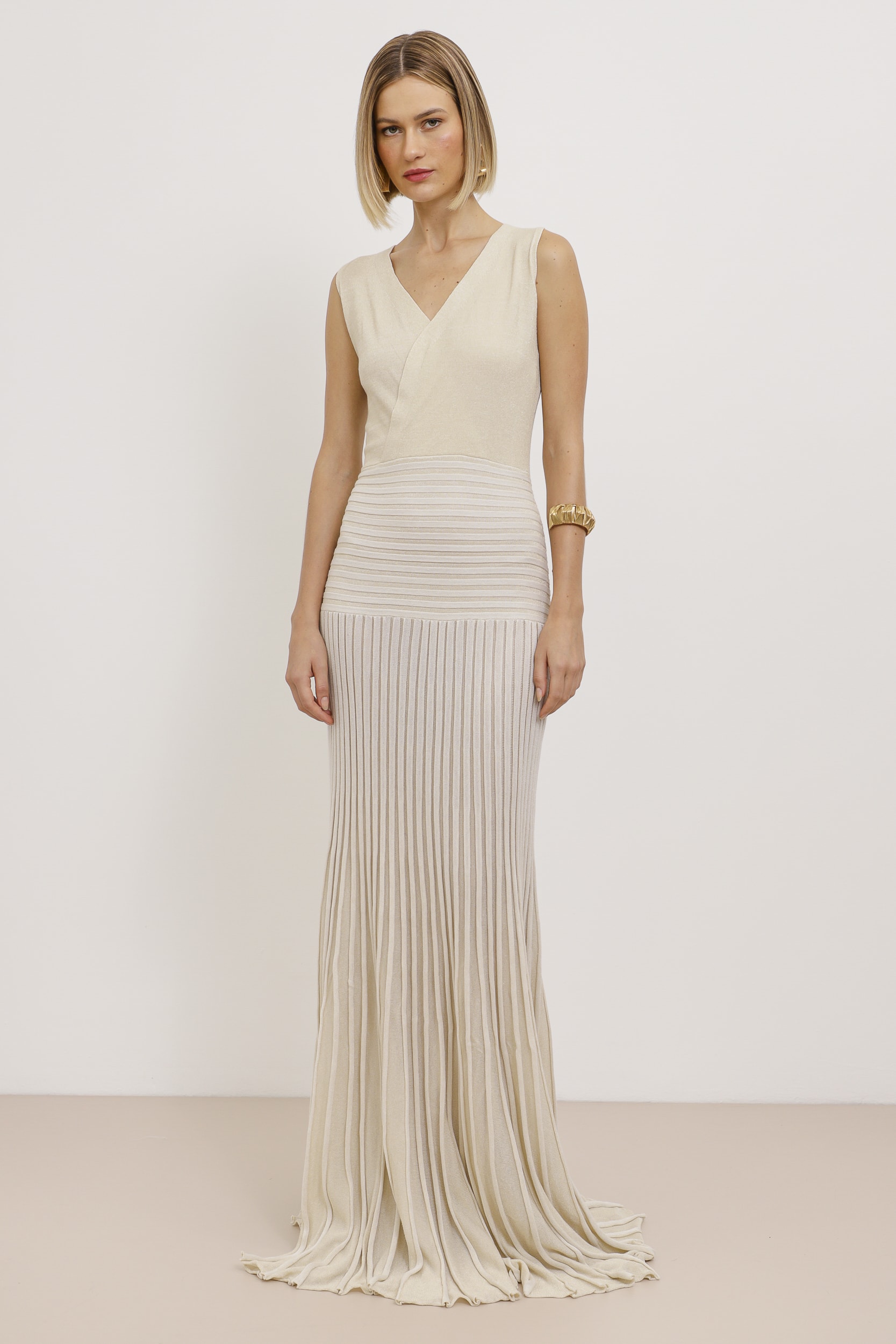 Vestido Longo Tricot Saia Plissada  Off-white