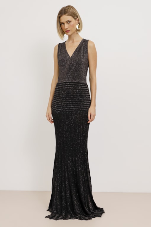 Vestido Longo Tricot Saia Plissada  Preto