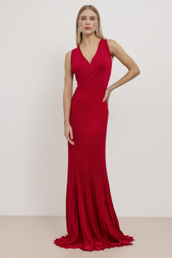Vestido Longo Tricot Saia Plissada  Vermelho