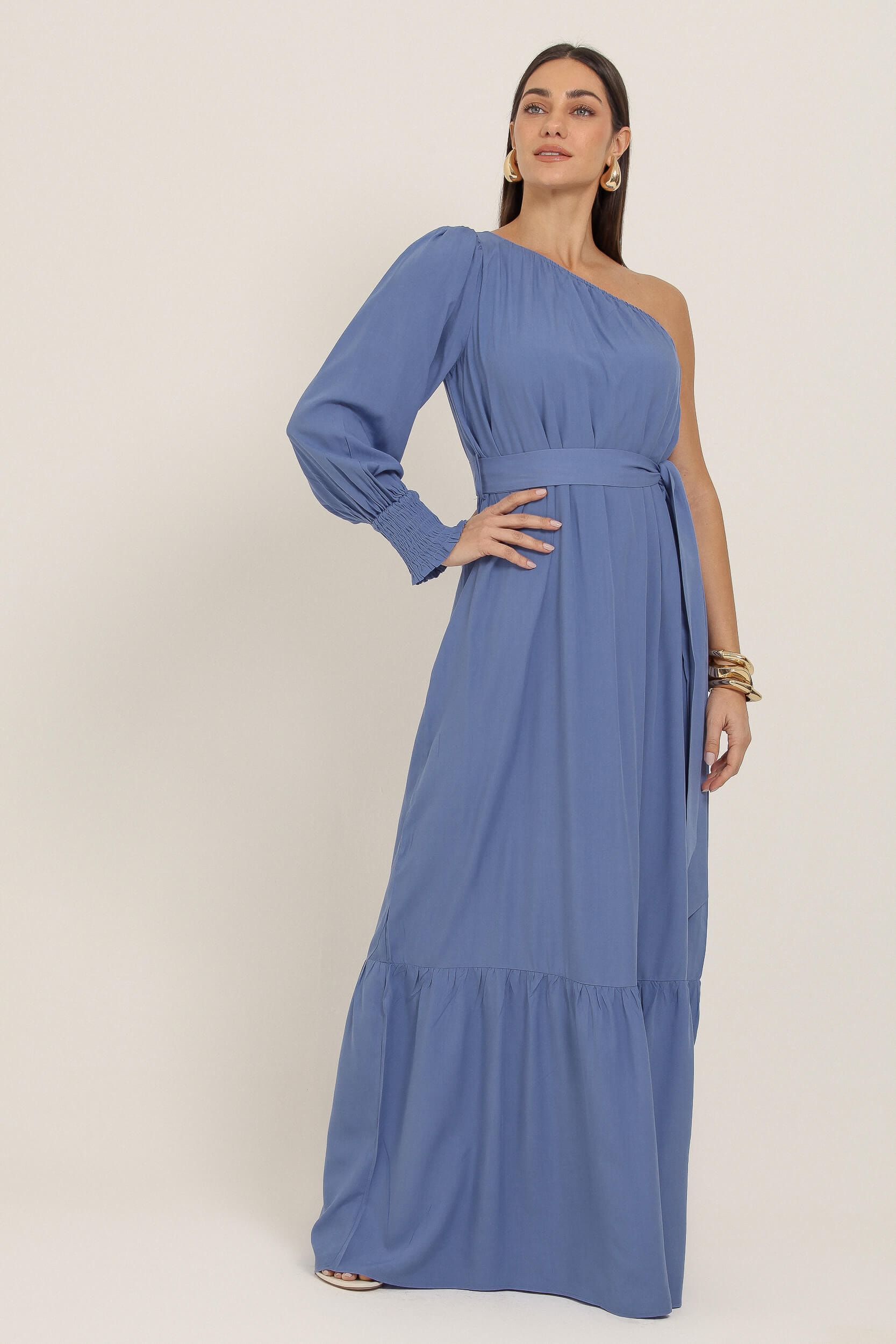 Vestido Longo Um Ombro Só Viscolinho Azul