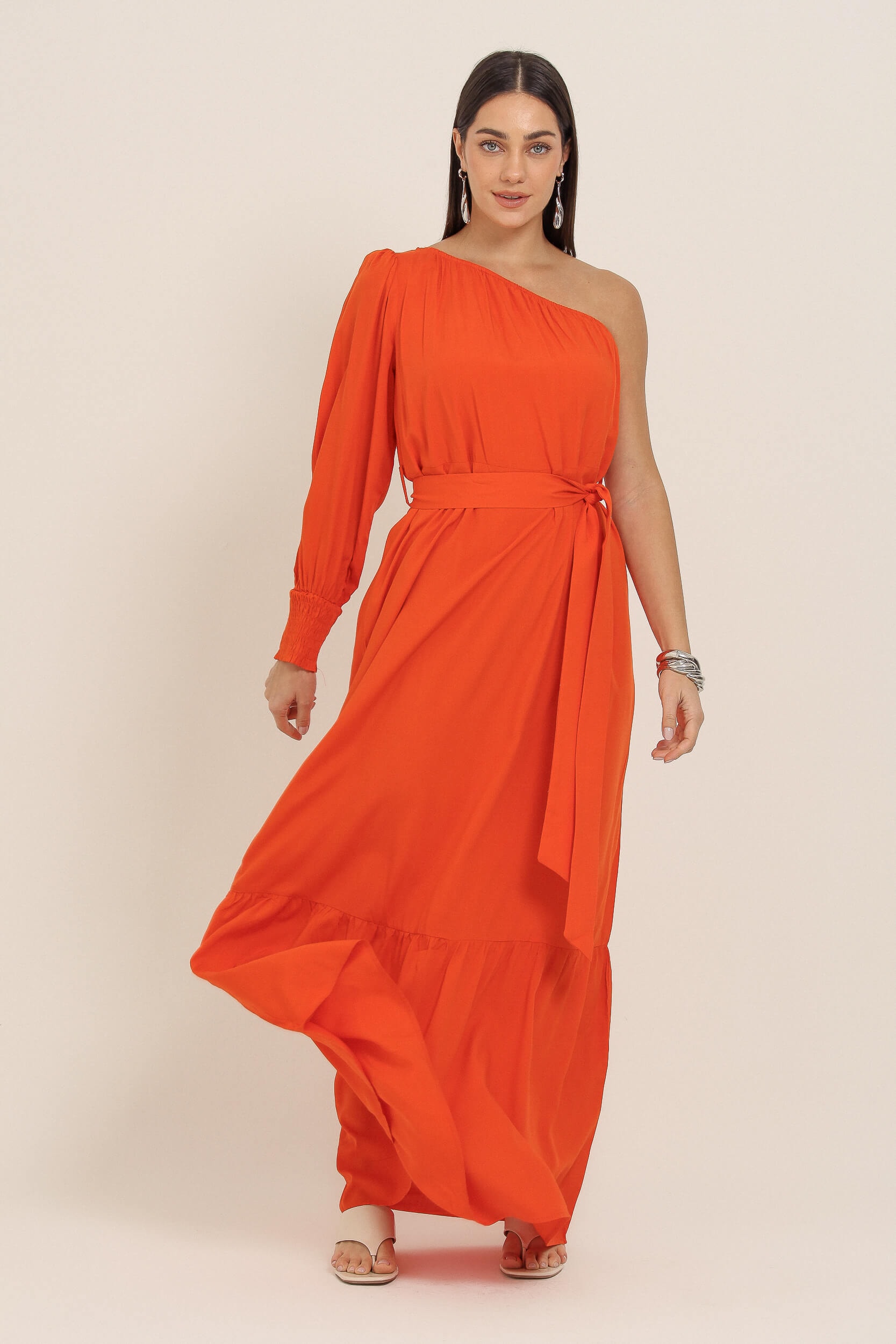 Vestido Longo Um Ombro Só Viscolinho Laranja