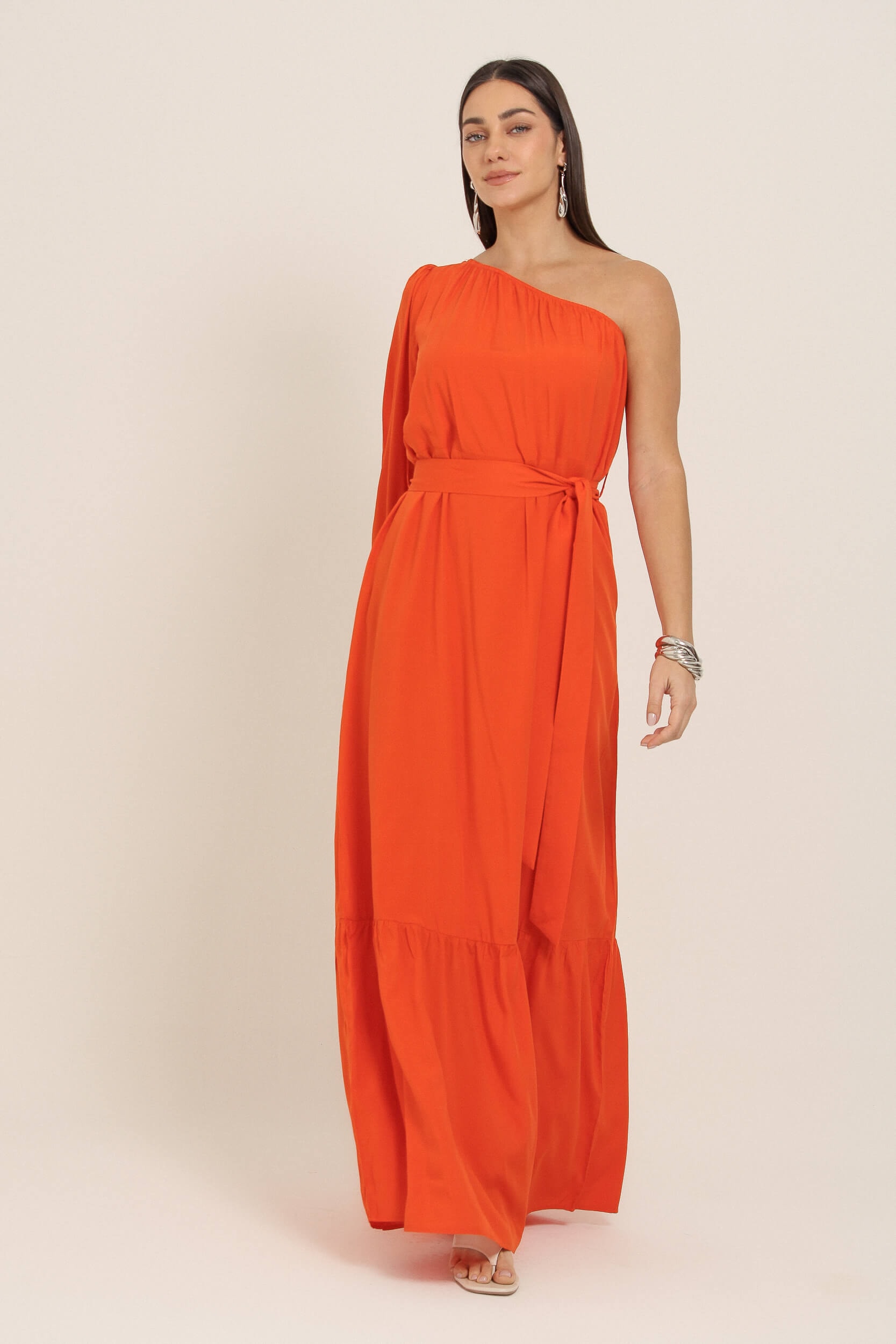 Vestido Longo Um Ombro Só Viscolinho Laranja