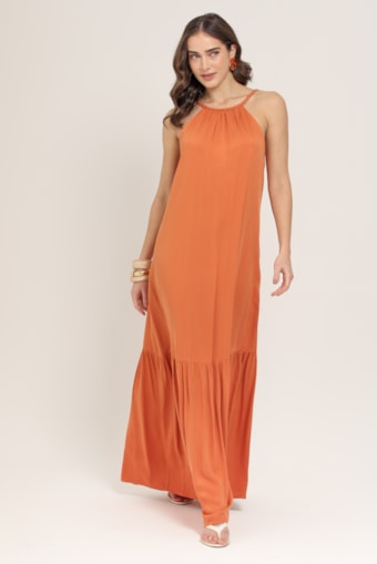 Vestido Longo Viscose Alça Tranças Laranja