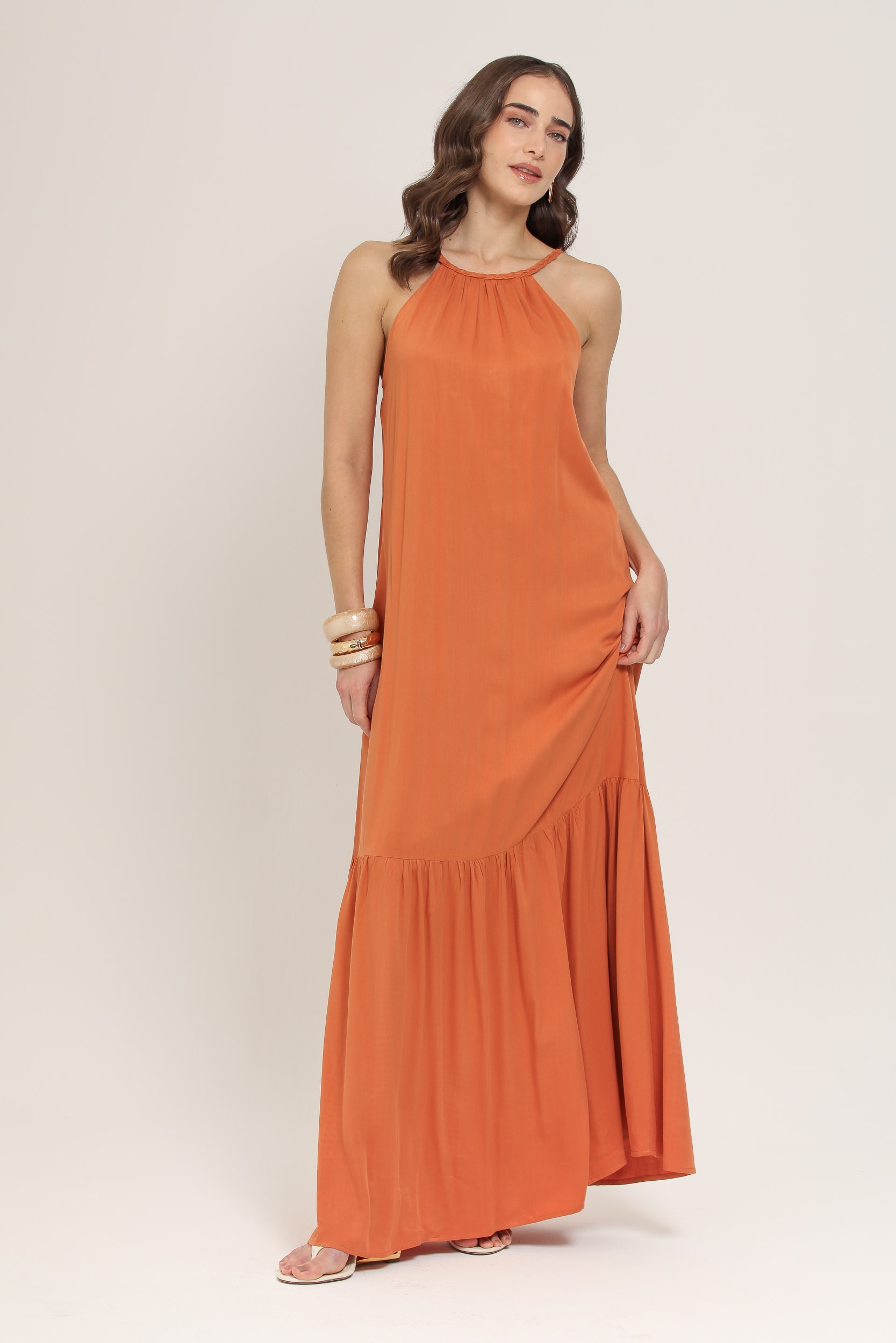Vestido Longo Viscose Alça Tranças Laranja