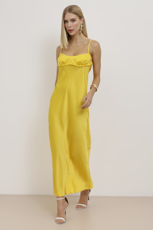 Vestido longuete Cetim Decote Taça Amarelo