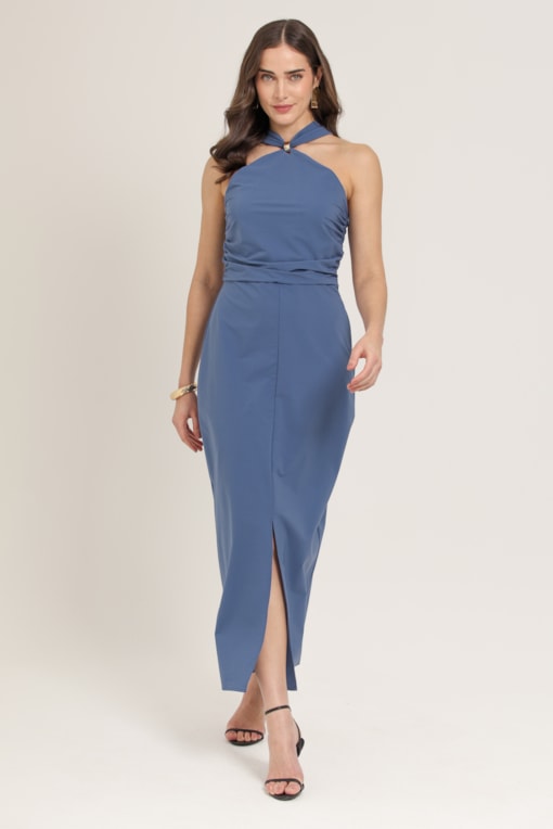 Vestido Longuete Detalhe Gola Azul