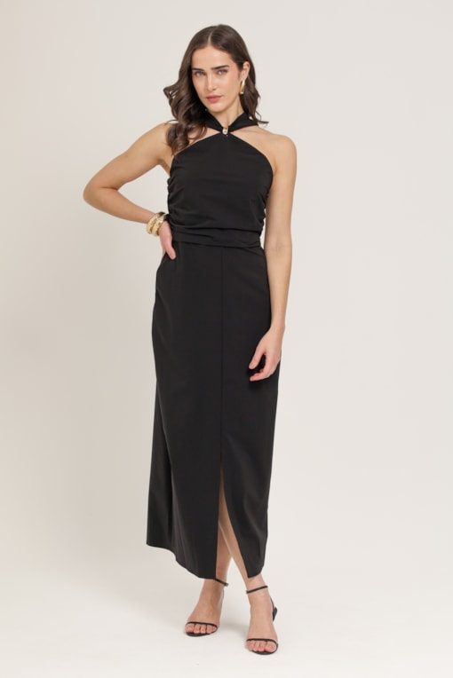 Vestido Longuete Detalhe Gola Preto