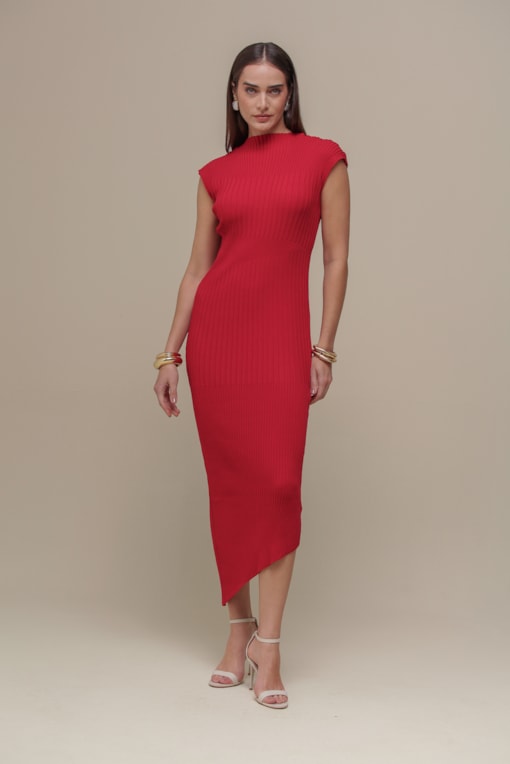 Vestido Longuete Tricô Raglan  Vermelho