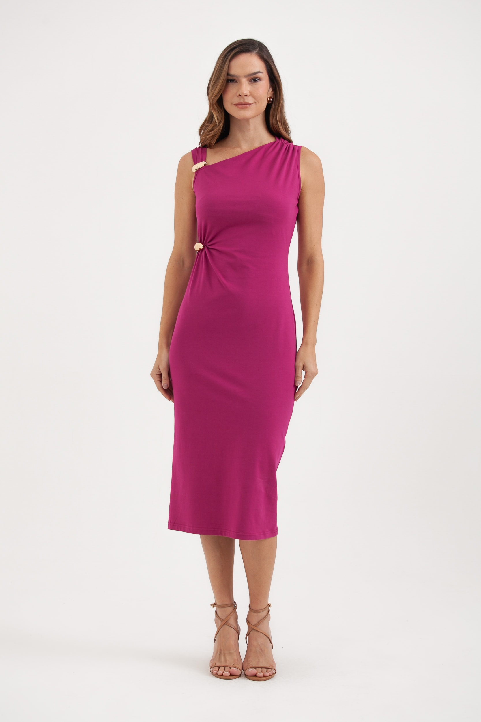 Vestido Malha Assimétrico Drapeado Com Aviamento Fúcsia