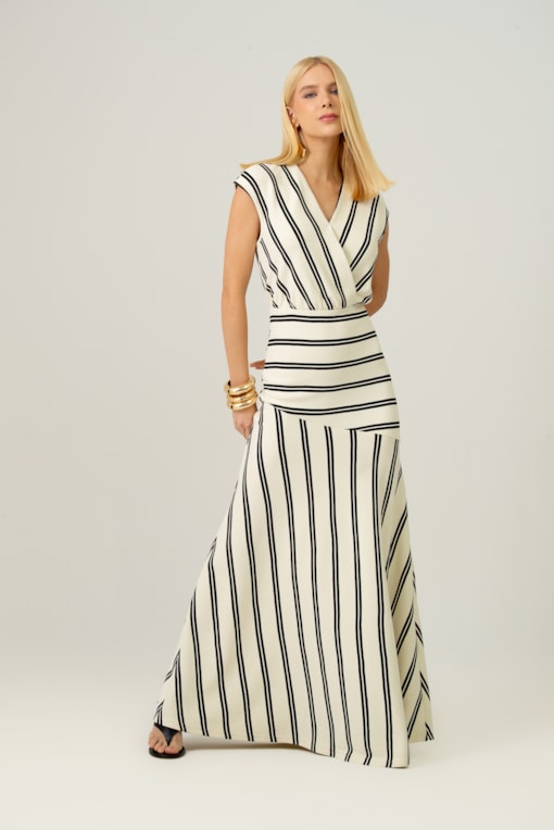 Vestido Malha Listrado Decote Transpassado Off-white