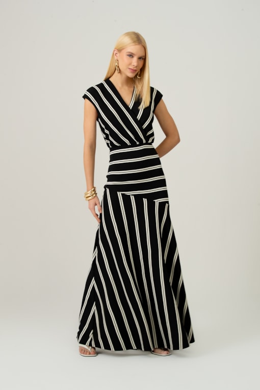 Vestido Malha Listrado Decote Transpassado Preto