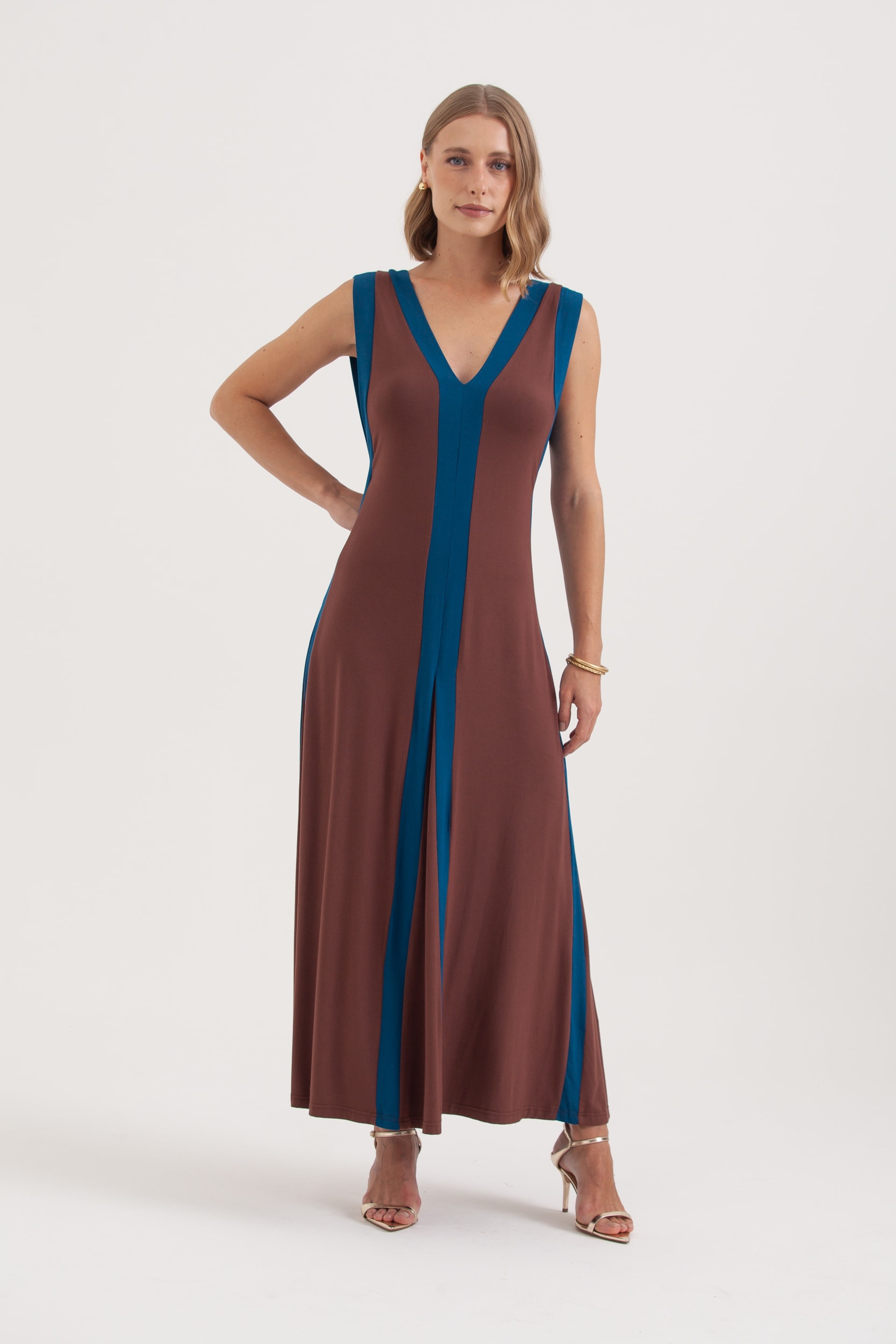 Vestido Malha Longo Faixas Bicolor Marrom