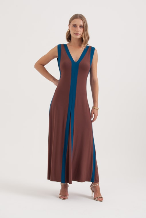 Vestido Malha Longo Faixas Bicolor Marrom