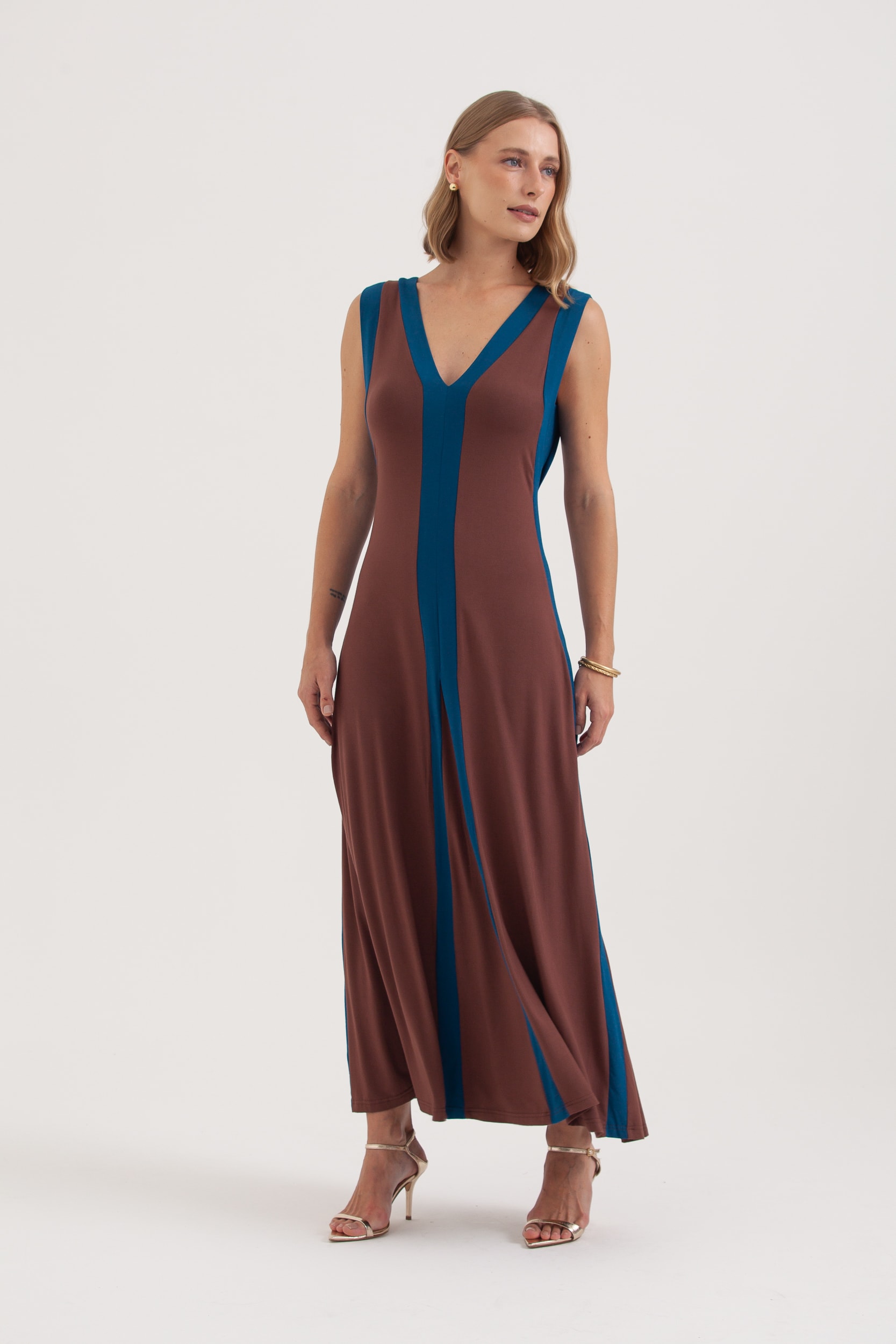 Vestido Malha Longo Faixas Bicolor Marrom