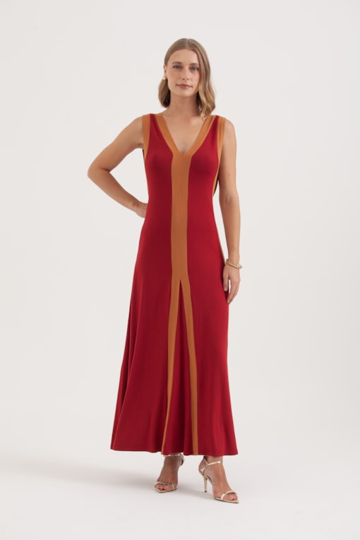 Vestido Malha Longo Faixas Bicolor Vinho