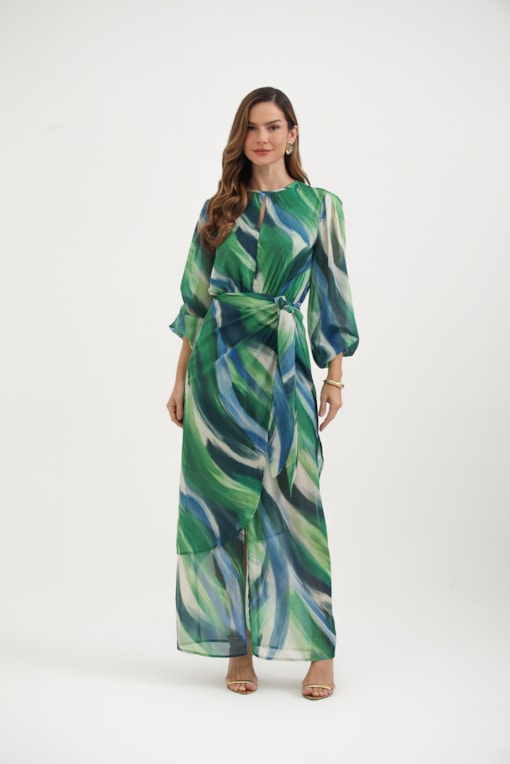Vestido Manga Longa Estampa Brisa Verde 