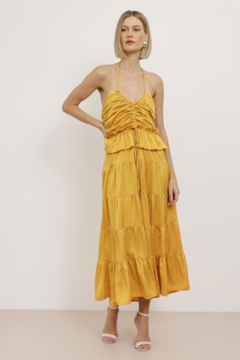 Vestido Mídi Acetinado Drapê Amarelo